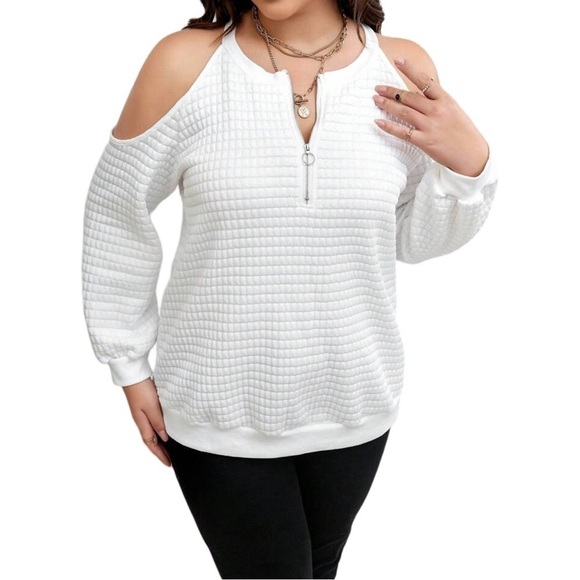 Plus Size Half Zip V-Neck White Cold Shoulder Waffle Knit Sweater Sweatshirt - Picture 4 of 11